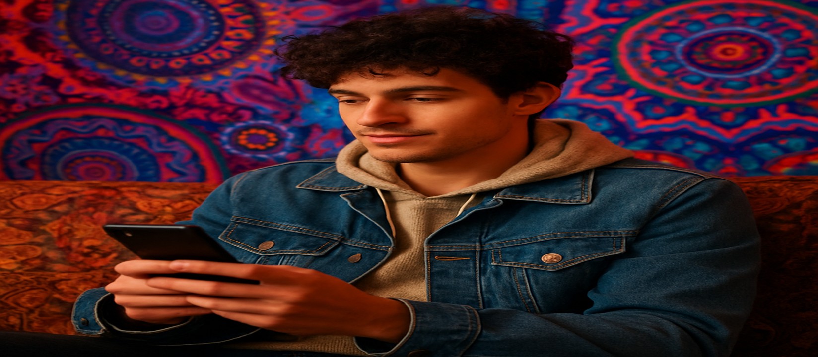 ডেনিম জ্যাকেট পরা এক ব্যক্তি সোফায় বসে হাতে থাকা ফোনে kkff অ্যাপটির মাধ্যমে গেম খেলছেন।