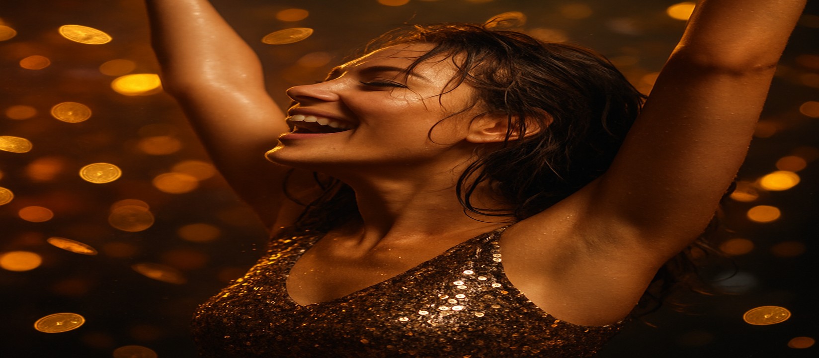 kkff প্ল্যাটফর্মে একজন নারী আভিয়েটর জয় উদযাপন করছেন; চারপাশে সোনার মুদ্রা উড়ছে