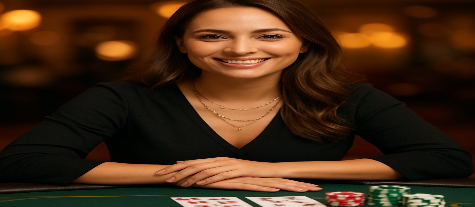 একটি হাসিখুশি মেয়ে kkff গেমিং প্ল্যাটফর্মে কার্ড টেবিলে বসে আছে; সামনে খেলার চিপ ও কার্ড রয়েছে, এবং তিনি খেলার বিস্তৃত নির্বাচনের প্রস্তাব দেন।