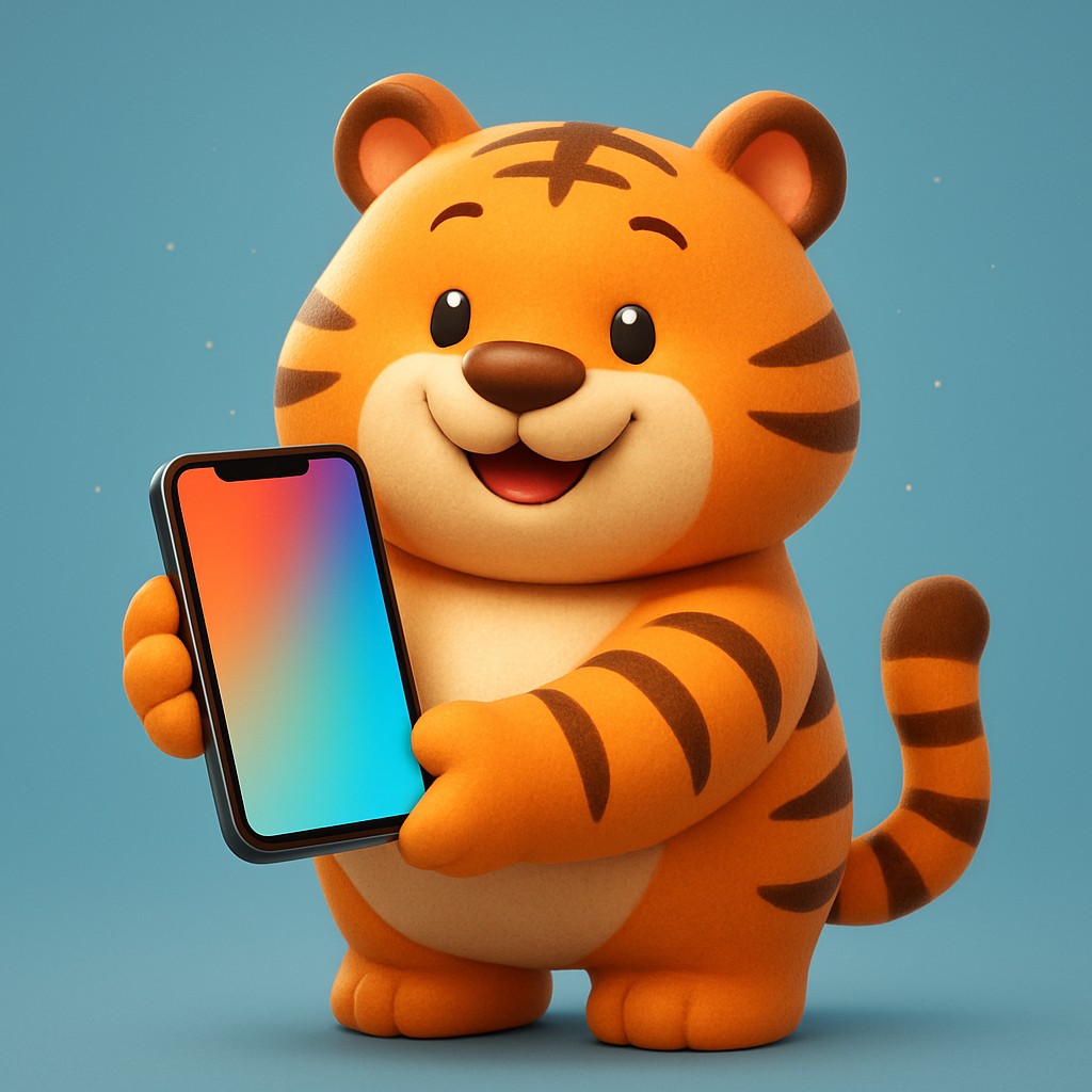 একটি কার্টুন বাঘের বাচ্চা তার পায়ে ধরে রাখা একটি স্মার্টফোন ধরেছে, kkff অ্যাপটি দ্রুত ও নির্ভরযোগ্য।