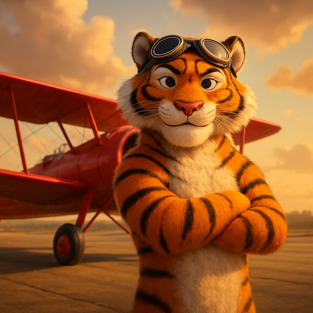 kkff প্ল্যাটফর্মে আভিয়েটর গেমটির প্রতিনিধিত্বকারী লাল রঙের পুরোনো বিমানের পাশে একটি বাঘ-চালিত পাইলট দাঁড়িয়ে আছে