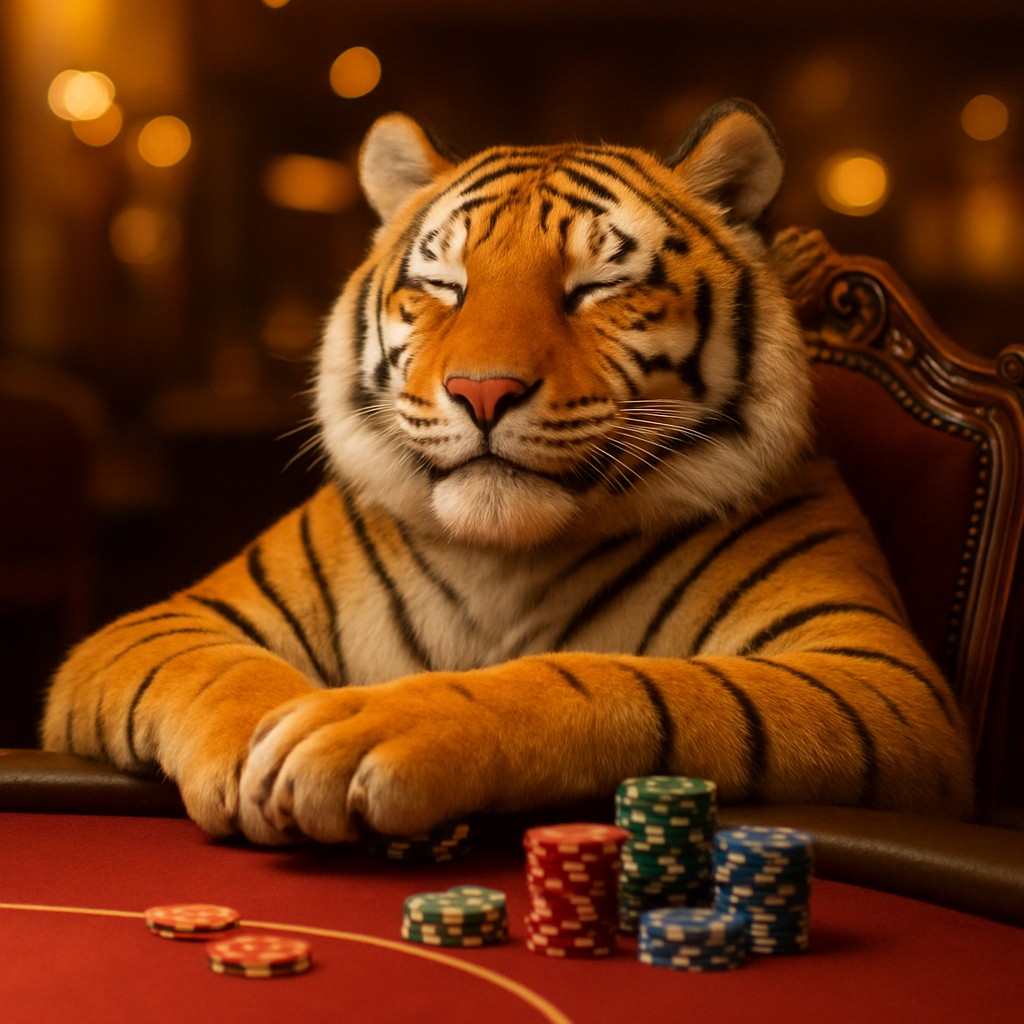 kkff গেমিং প্ল্যাটফর্মে একটি হাসিখুশি বাঘের বাচ্চা একটি খেলার টেবিলে বসে আছে