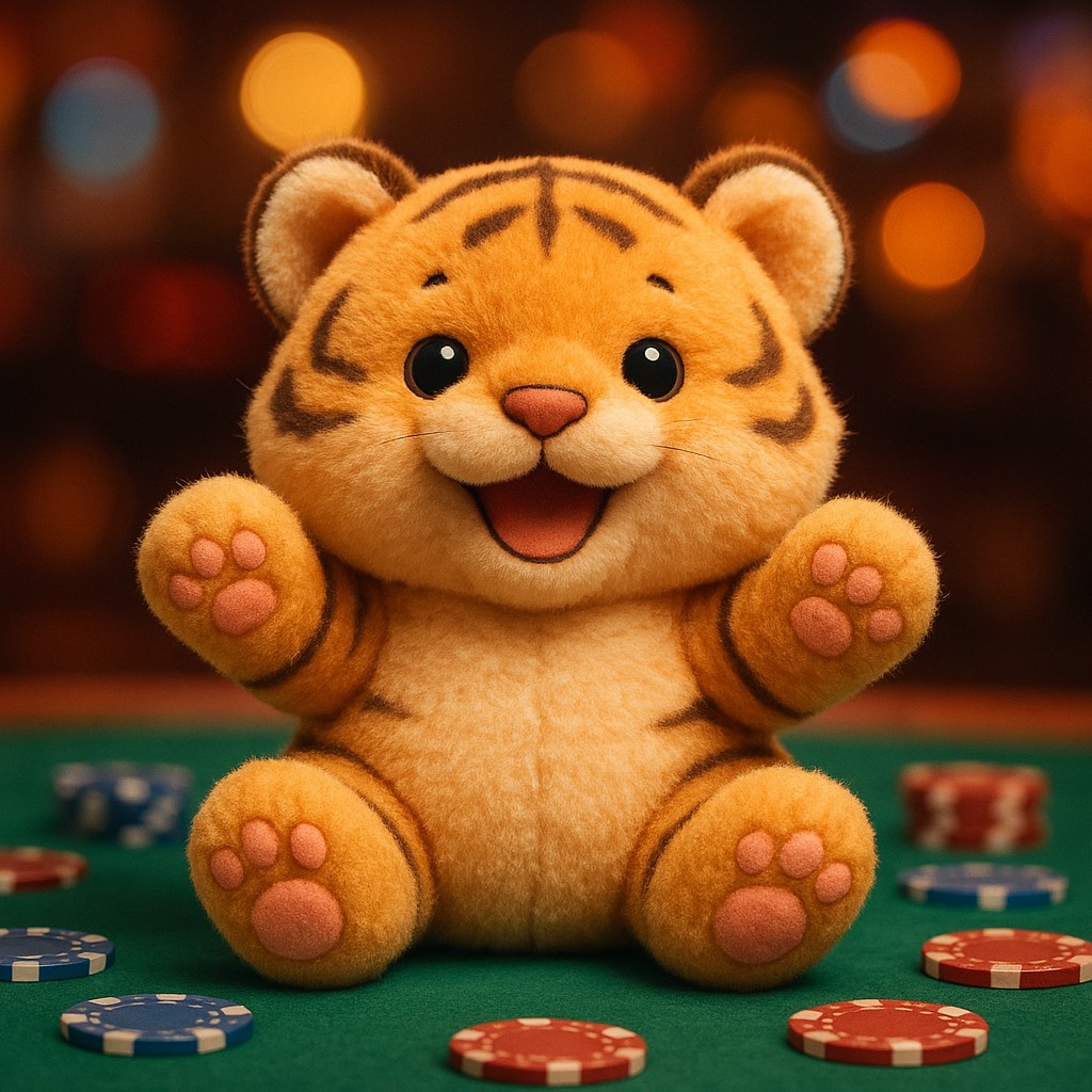 একটি ছোট বাঘের বাচ্চা একটি টেবিলের ওপর বসে আছে, সামনে খেলার চিপগুলো রাখা।