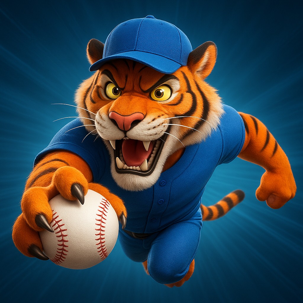 একটি হাসিখুশি টাইগার বাচ্চা সজ্জিত পোশাক পরা, তার মুঠিতে একটি বল নিয়ে kkff-এ Cricket গেমিংকে প্রতীক করে