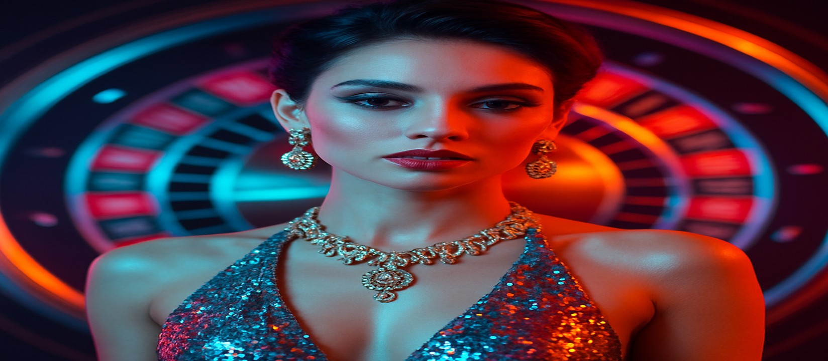 একজন সিকুইন-চকমতা পোশাকধারী নারী kkff গেমিং প্ল্যাটফর্ম চাকার সামনে দাঁড়িয়ে আছেন