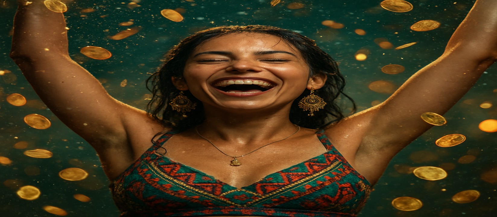 kkff গেমিং প্ল্যাটফর্মে কয়েনের বৃষ্টির মাঝে রঙিন টপ পরিহিত এক নারী দাঁড়িয়ে আছেন