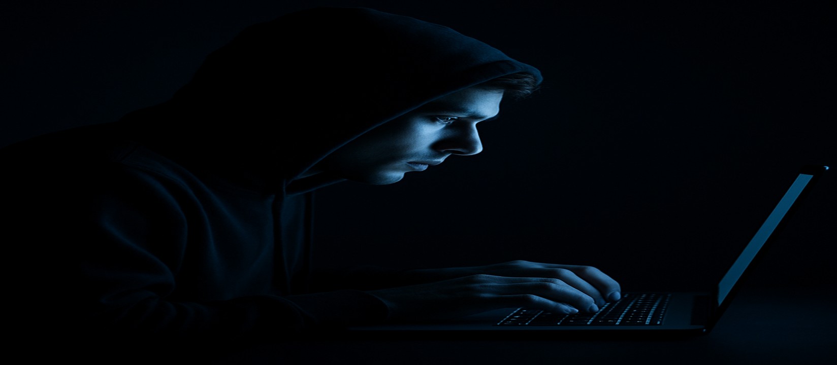 একজন ব্যক্তি অন্ধকারে ল্যাপটপে বসে একাগ্র দৃষ্টিতে kkff-র ওয়েবসাইটে অনলাইন গেমিং করছেন